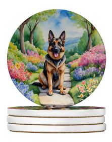 German Shepherd Spring Path Large Sandstone Coasters Pack of 4 Absorbent Round Coasters Decor Gifts for Men or Women, 4 in, Multicolor (Default: Default)