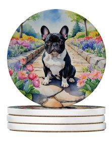 French Bulldog Spring Path Large Sandstone Coasters Pack of 4 Absorbent Round Coasters Decor Gifts for Men or Women, 4 in, Multicolor (Default: Default)